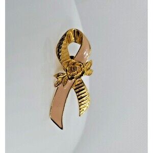 Vintage Avon Pink Ribbon Breast Cancer Awareness Gold Tone Rose Flower Pin